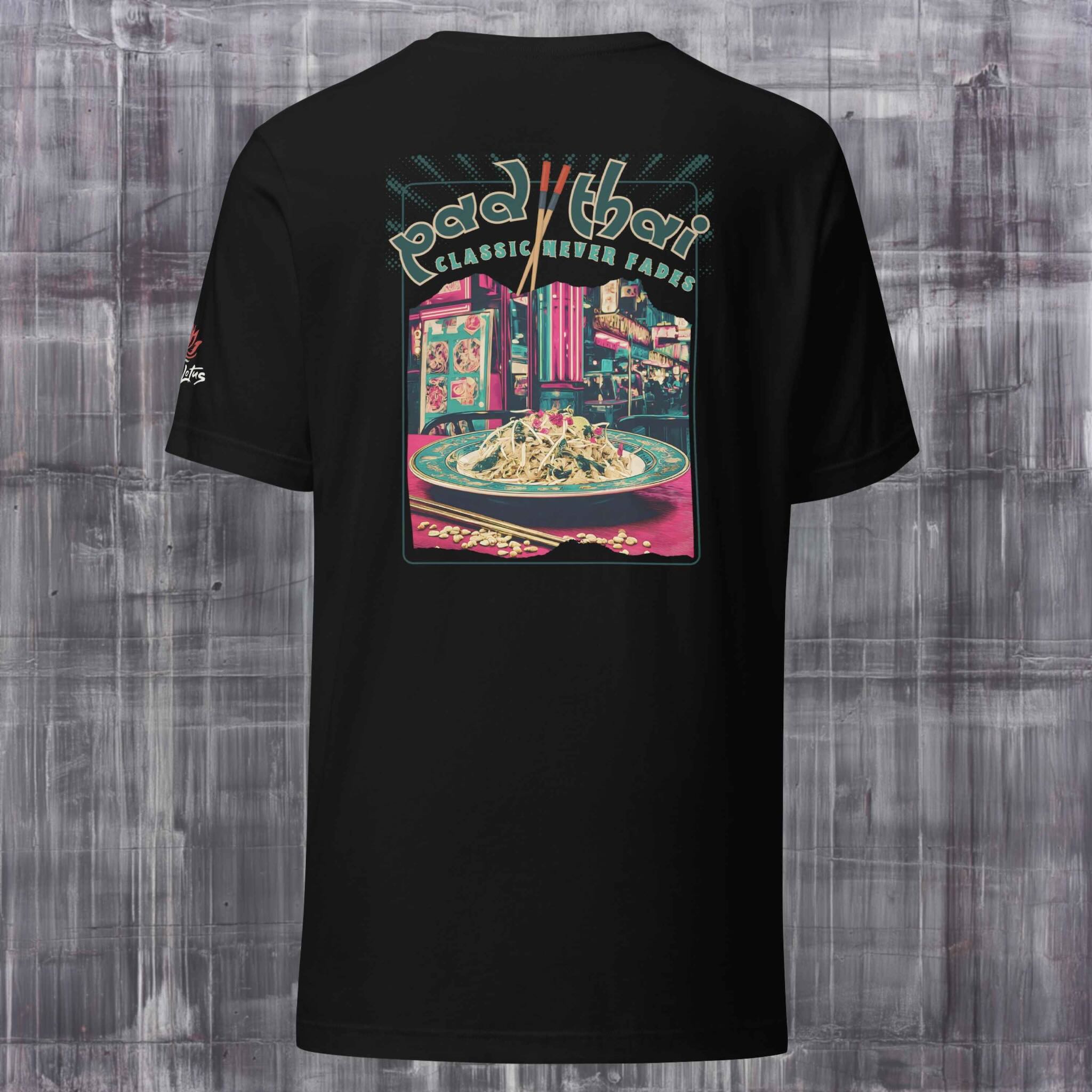 Black t-shirt with Pad Thai graphic design on a textured gray background