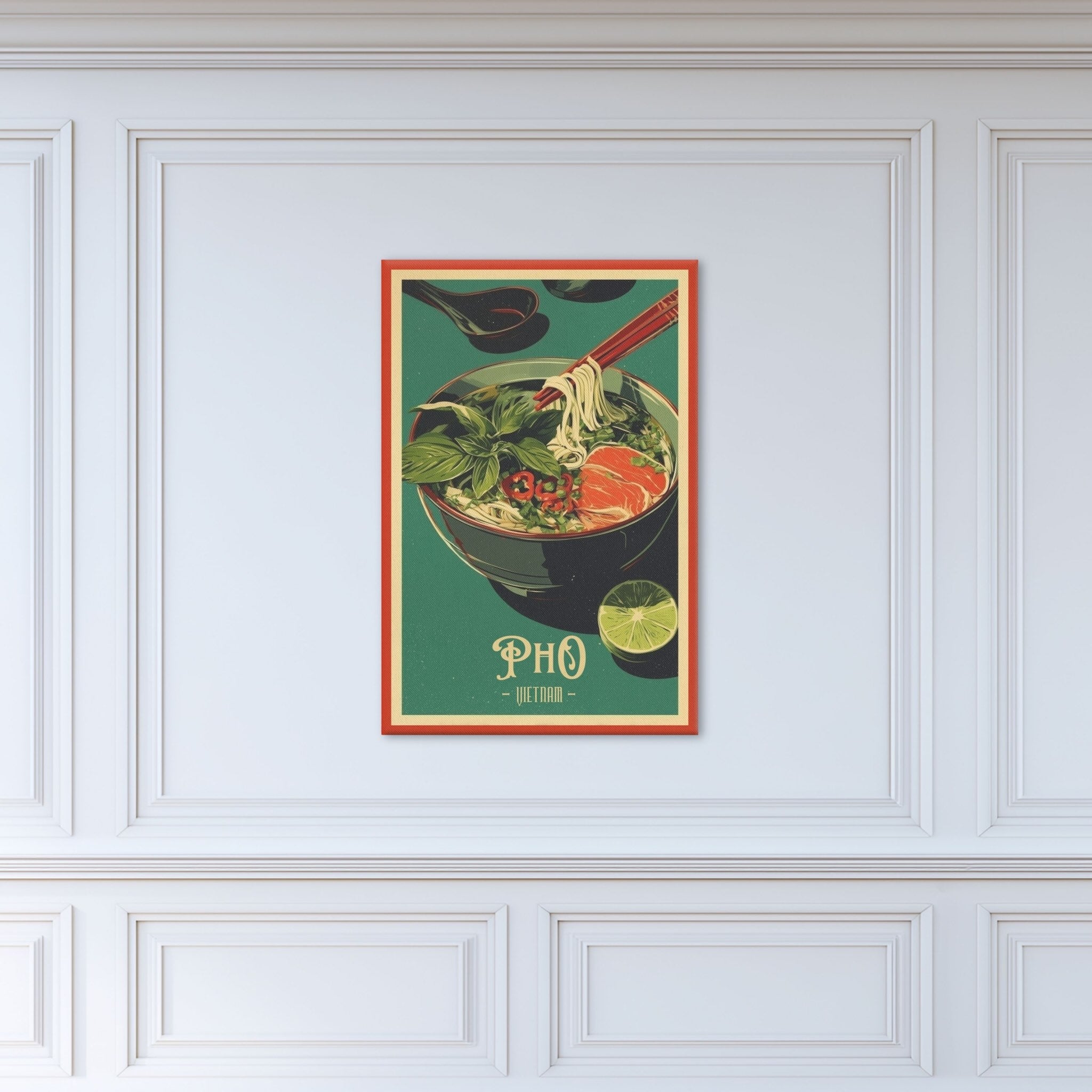 Pho illustration wall art with green retro palette on bright wall