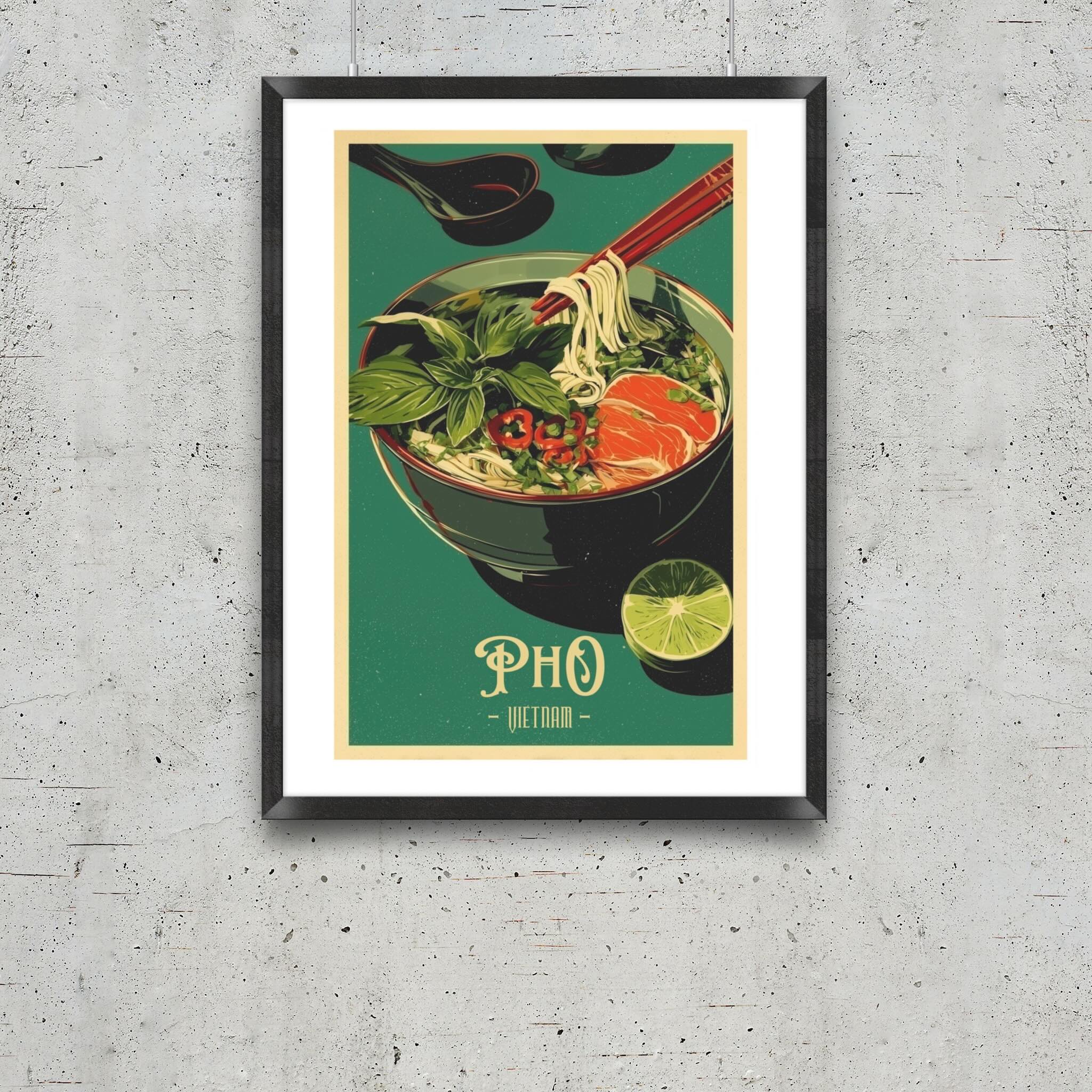 Pho illustration wall art with calm green retro palette