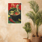 Poster of Pho with a bowl of noodles on a beige wall with plants below.