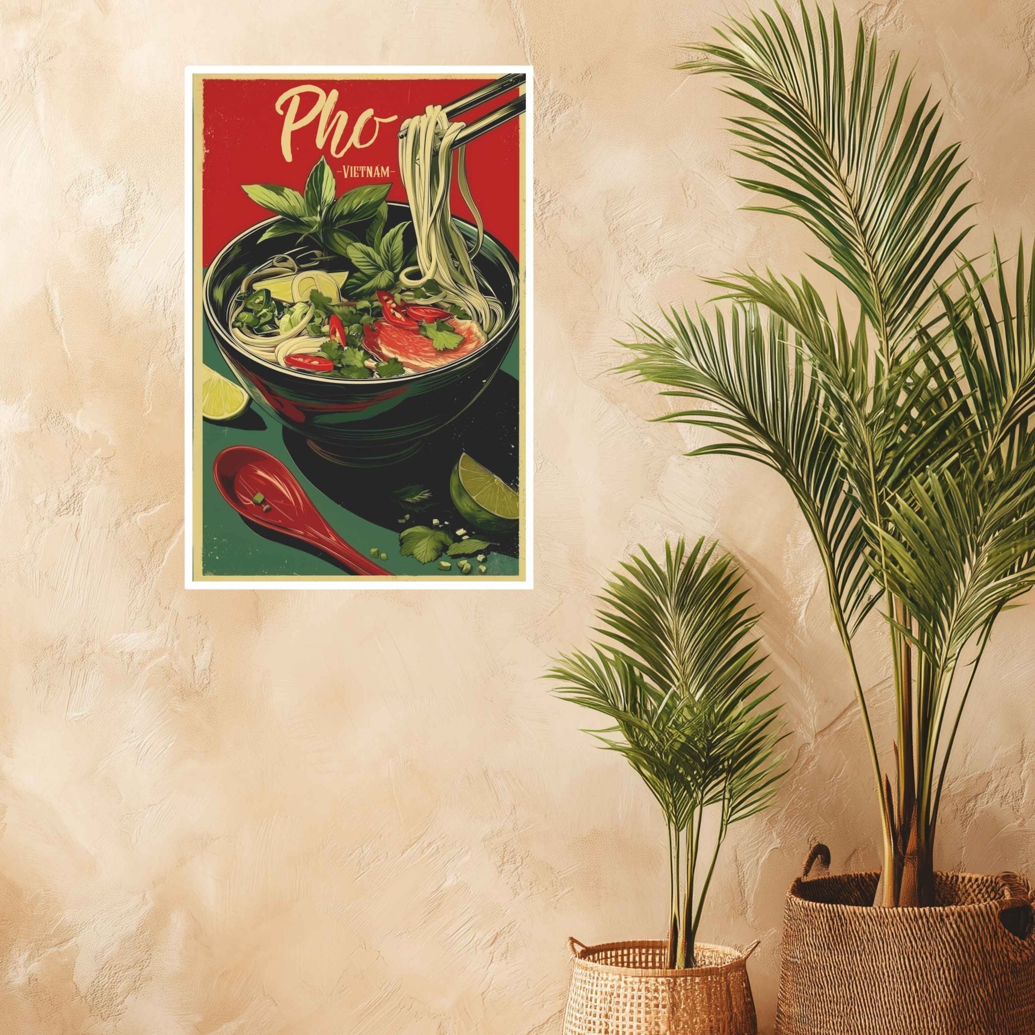 Poster of Pho with a bowl of noodles on a beige wall with plants below.