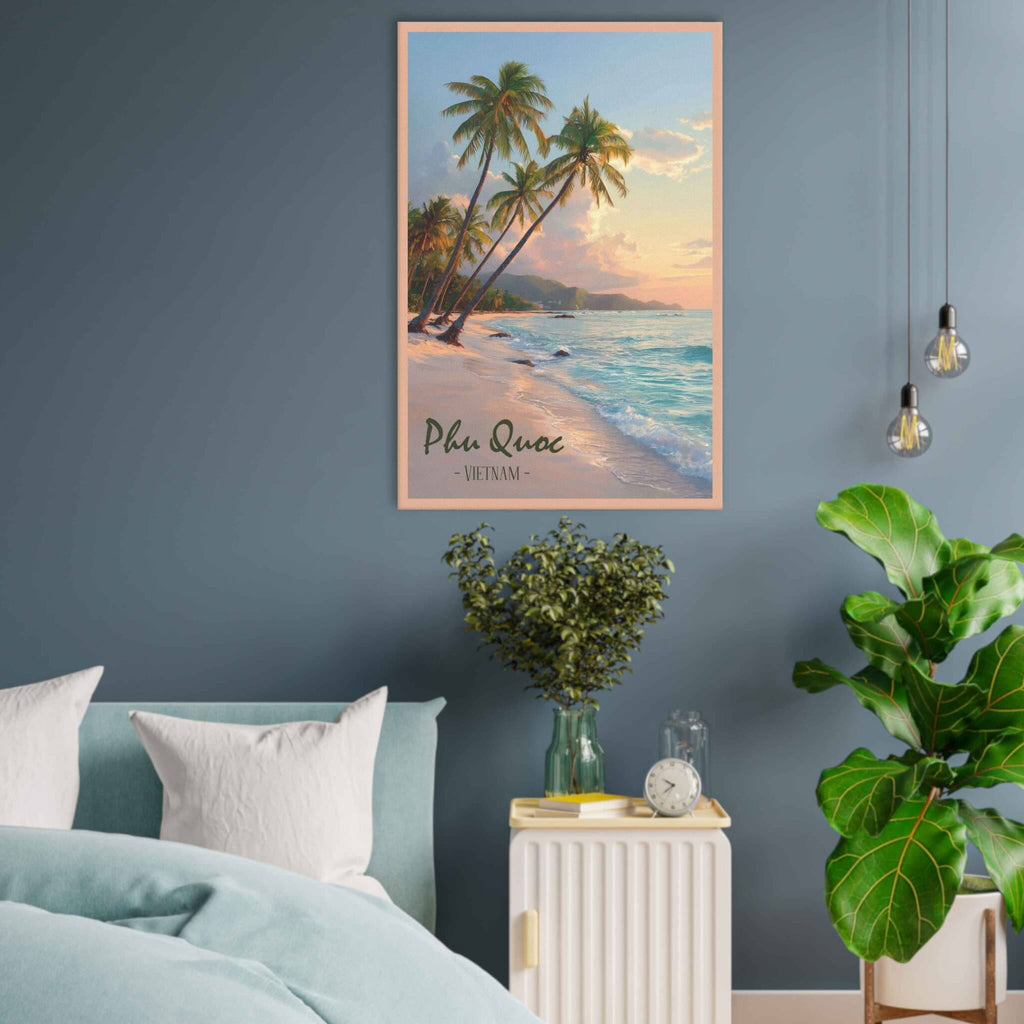 Framed artwork of a tropical beach scene on a blue wall above a bed.