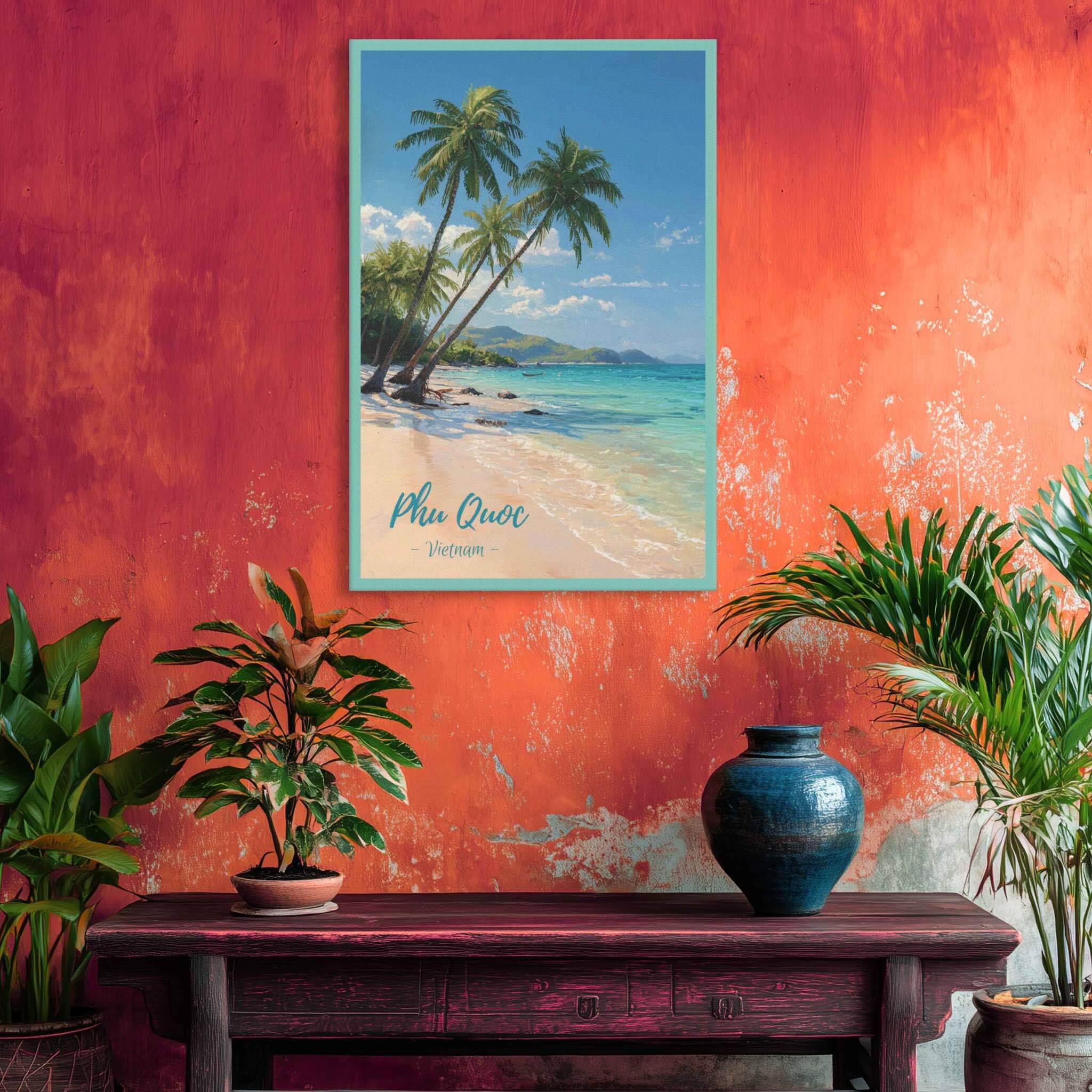 Framed beach poster on a red wall with plants and a vase below.