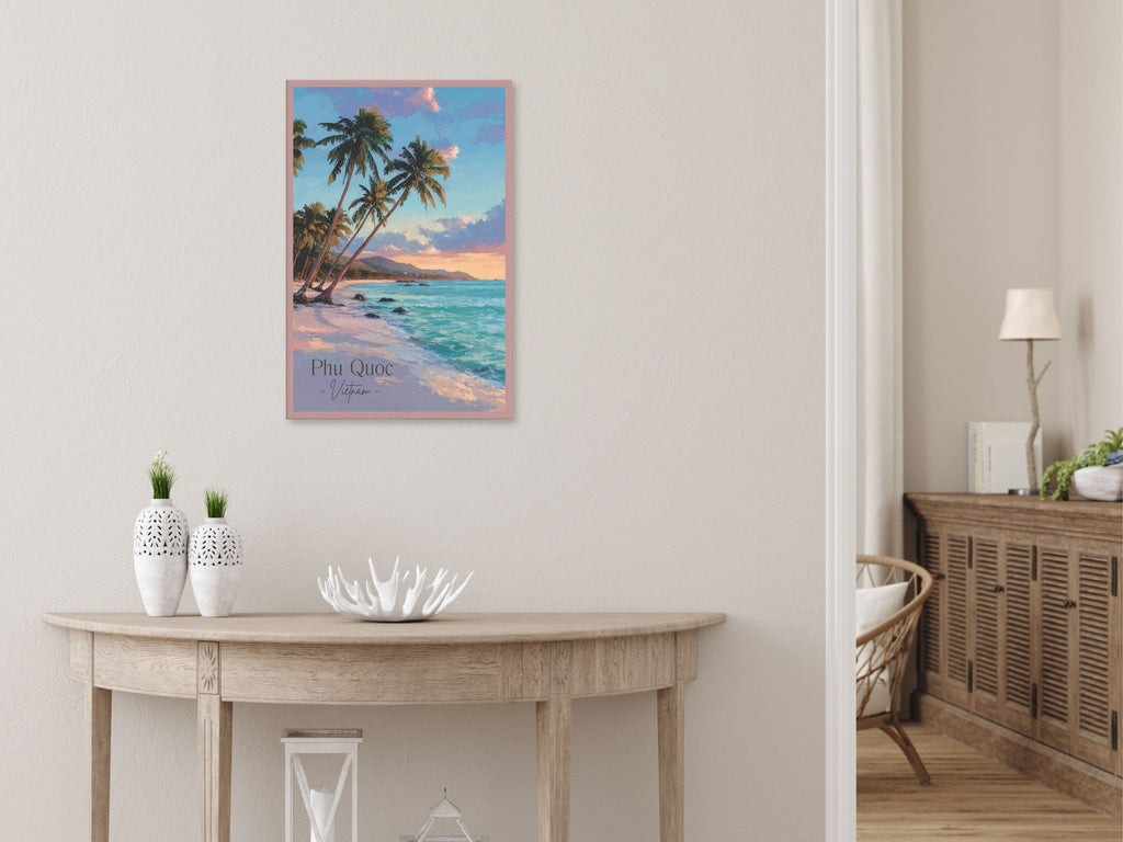 Painterly travel illustration of Phu Quoc island at sunset in living room