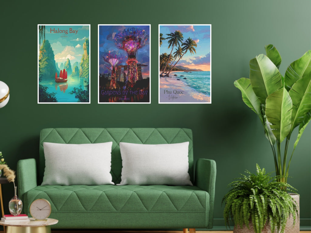 Three travel posters from Vietnam and Singapore showcased in living room