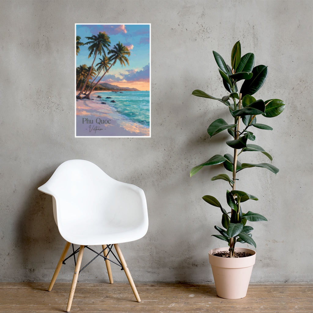 Tropical island travel poster inspired by Phu Quoc in hallway setup