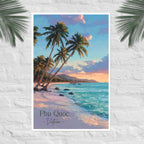Phu Quoc golden hour poster with tropical beach and palm trees