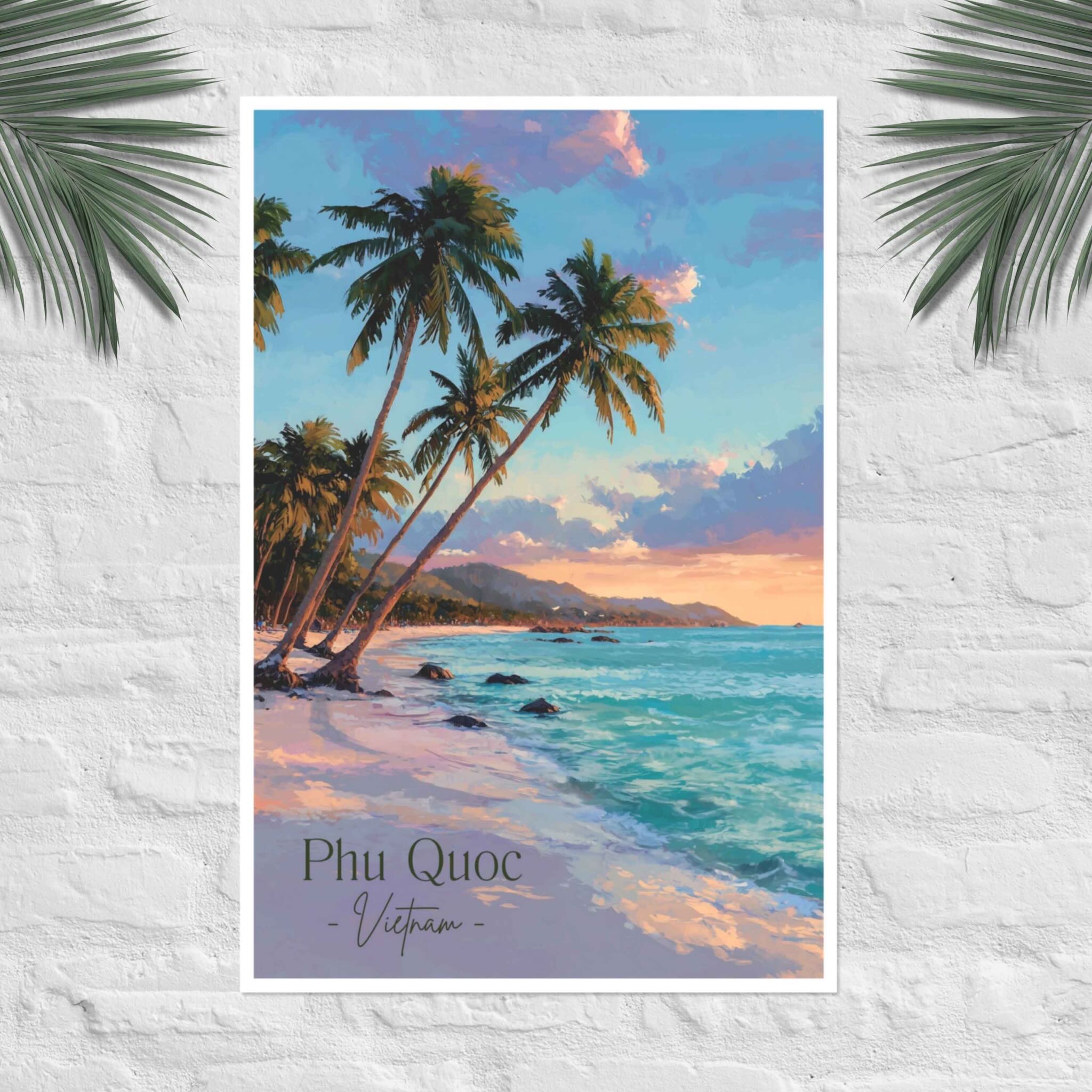 Phu Quoc golden hour poster with tropical beach and palm trees