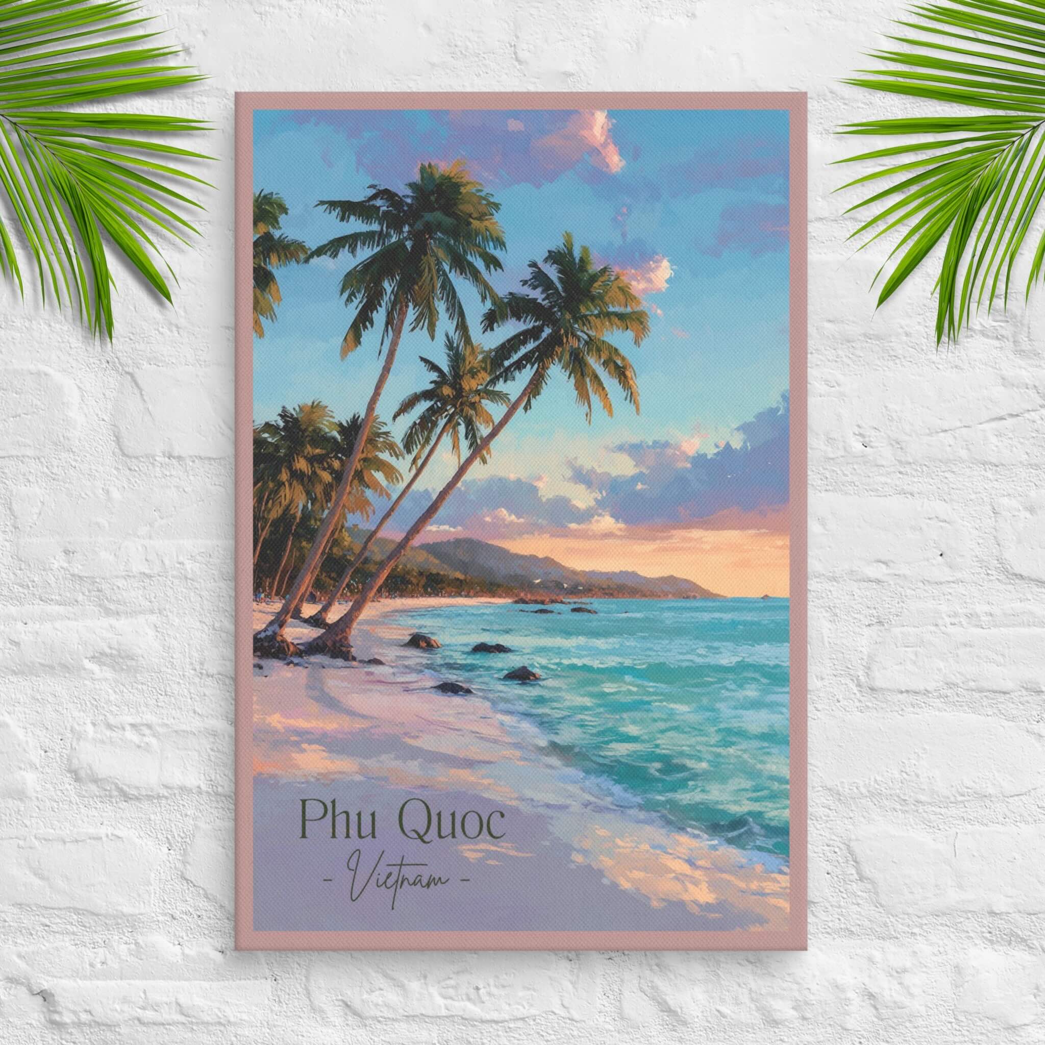 Phu Quoc canvas with golden hour tropical beach and palm trees