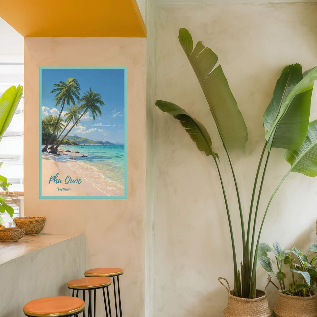 Vertical canvas featuring palm trees and summer sky on kitchen wall
