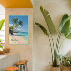 Vertical canvas featuring palm trees and summer sky on kitchen wall