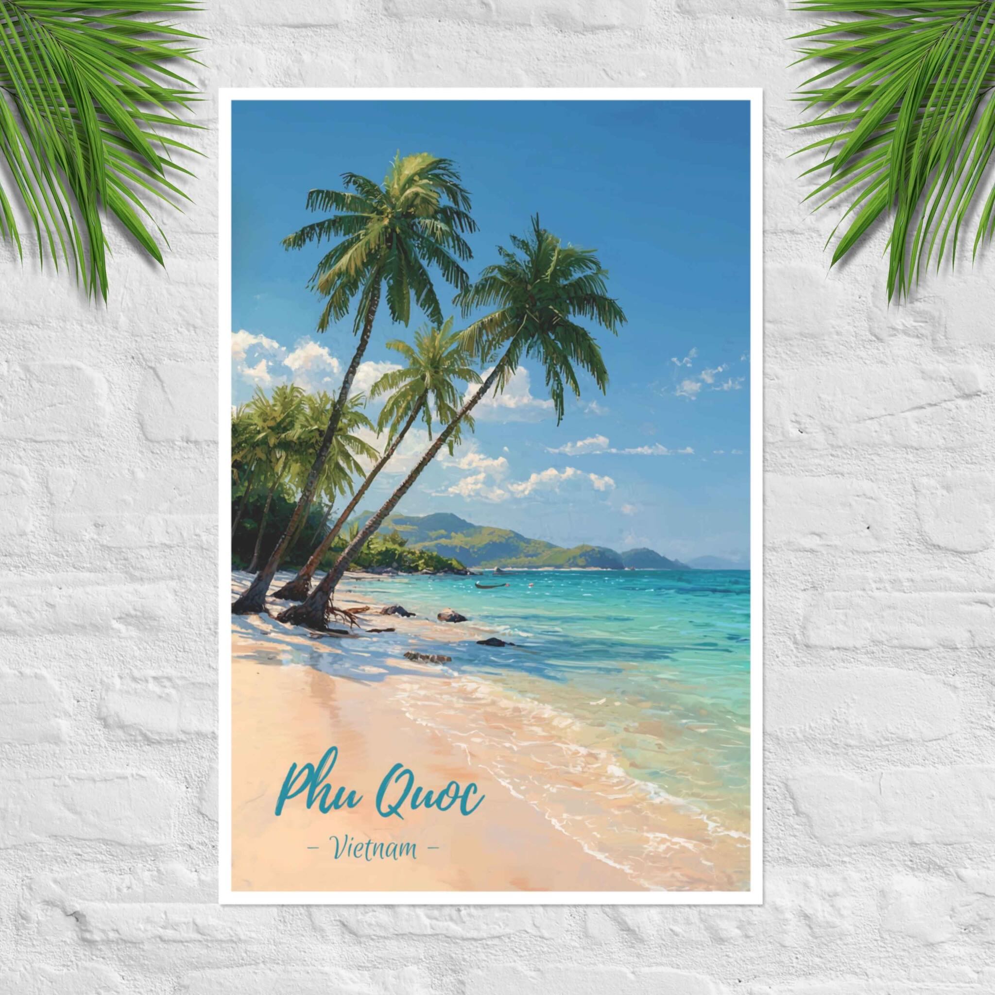 Phu Quoc poster with bright tropical beach and palm trees
