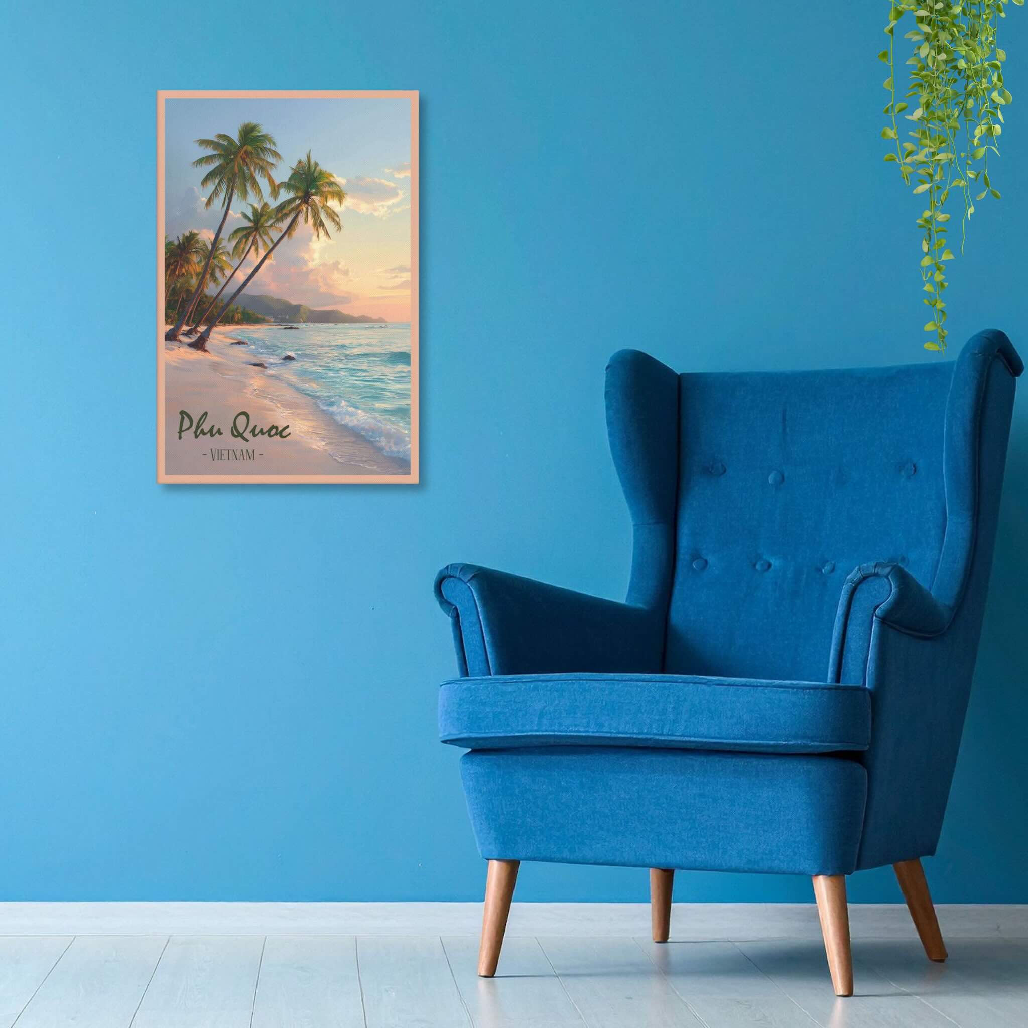 Tropical beach canvas in golden hour light vertical format against blue wall