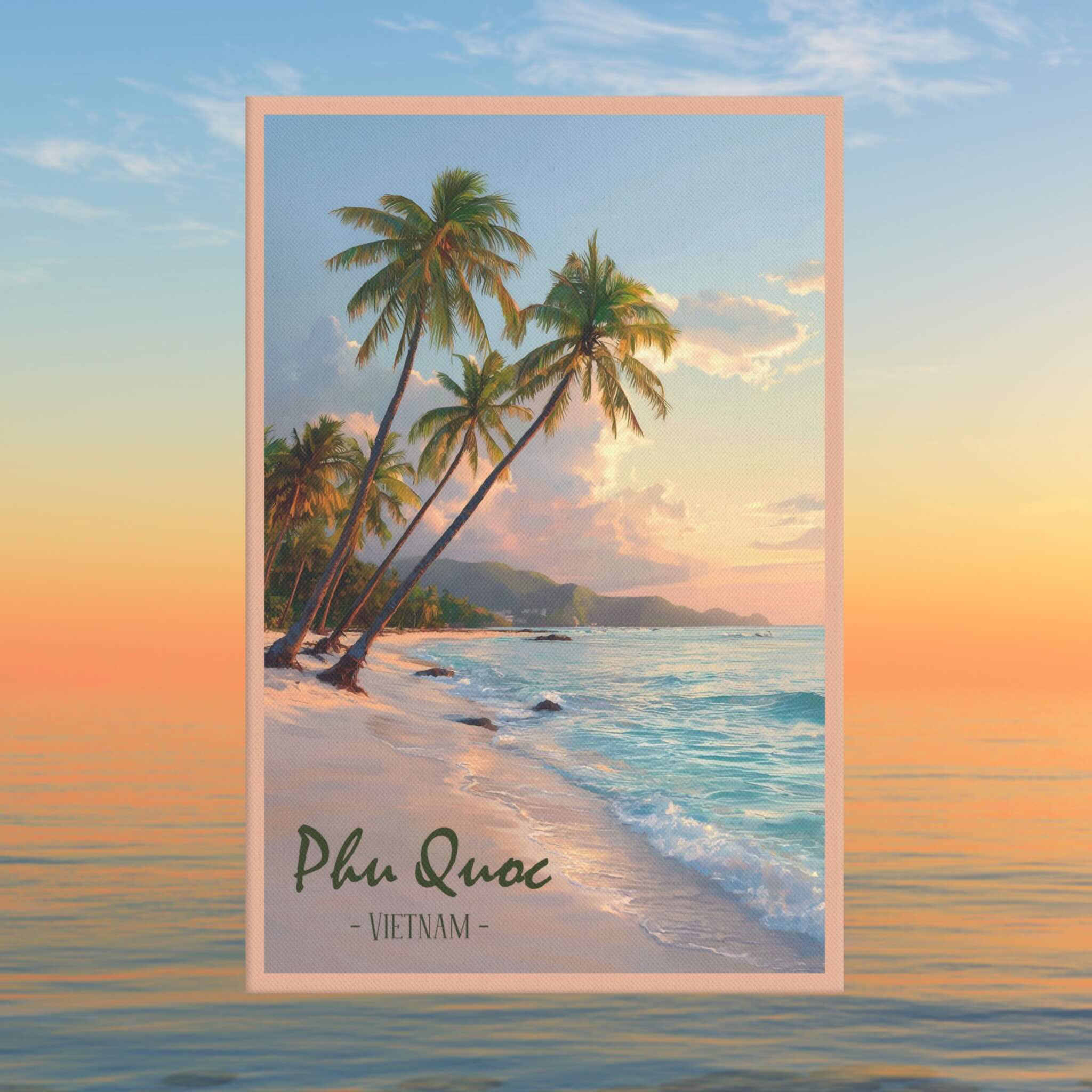 Vietnam island sunset wall art with turquoise ocean and palms