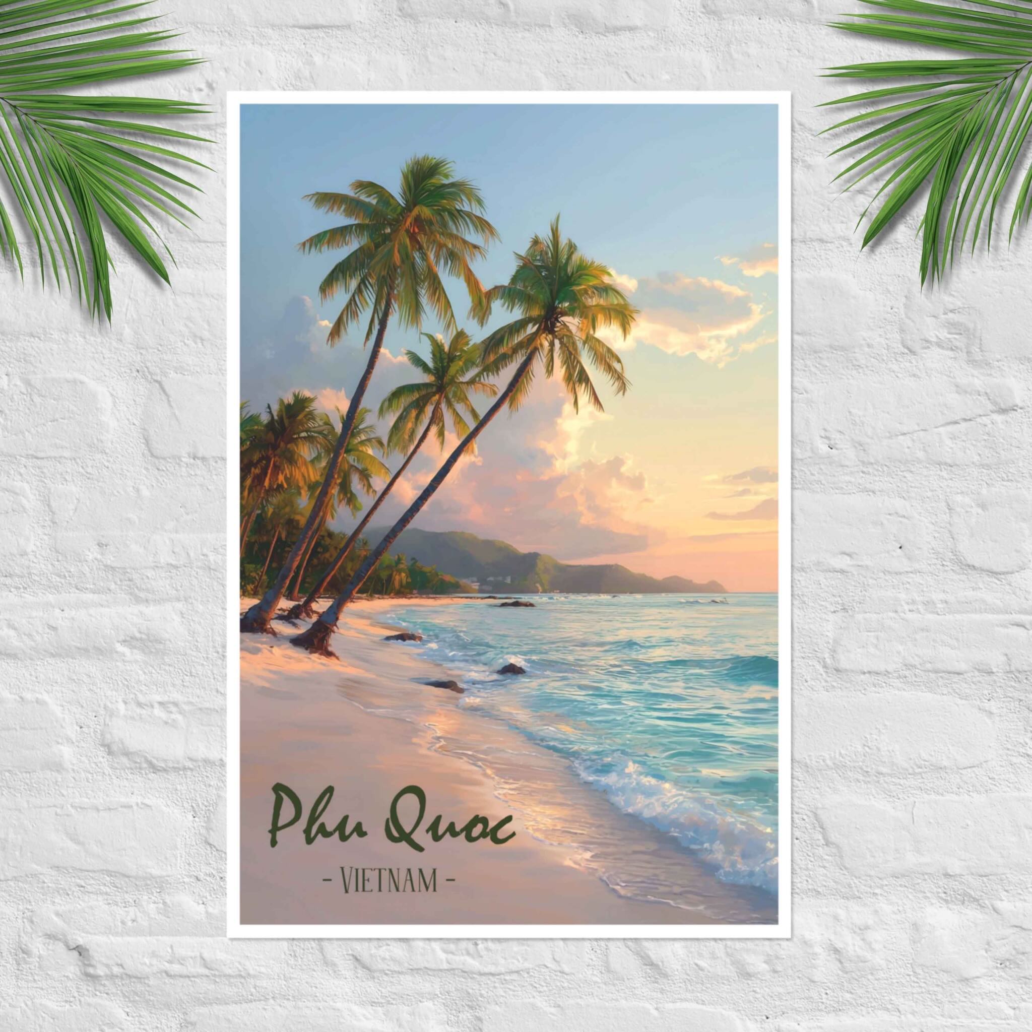 Phu Quoc sunset poster with palm trees and tropical beach