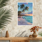 Poster of a tropical beach scene with palm trees on a textured wall above a wooden shelf with decorative items.