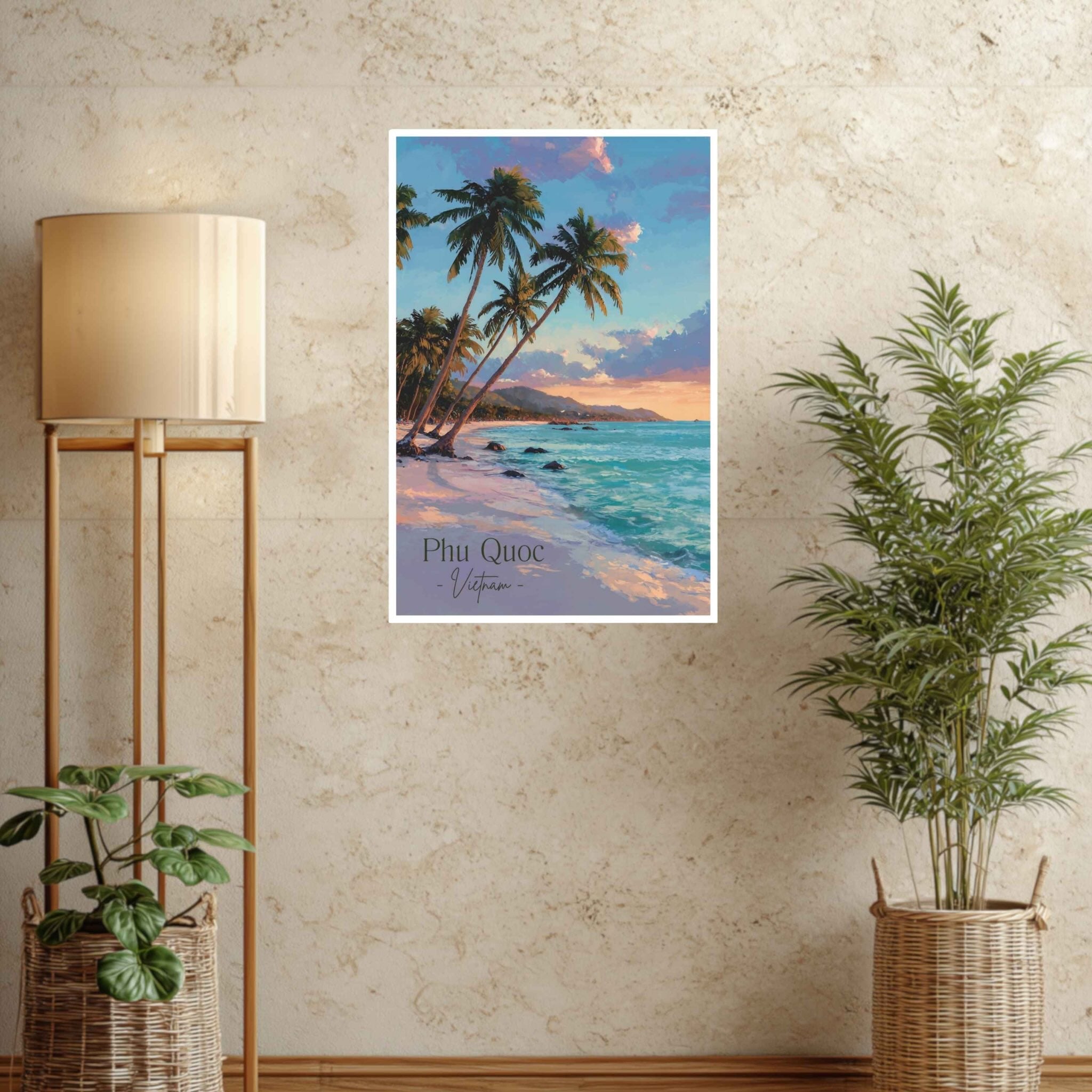 Poster of a tropical beach scene with palm trees on a wall above a lamp and plants.