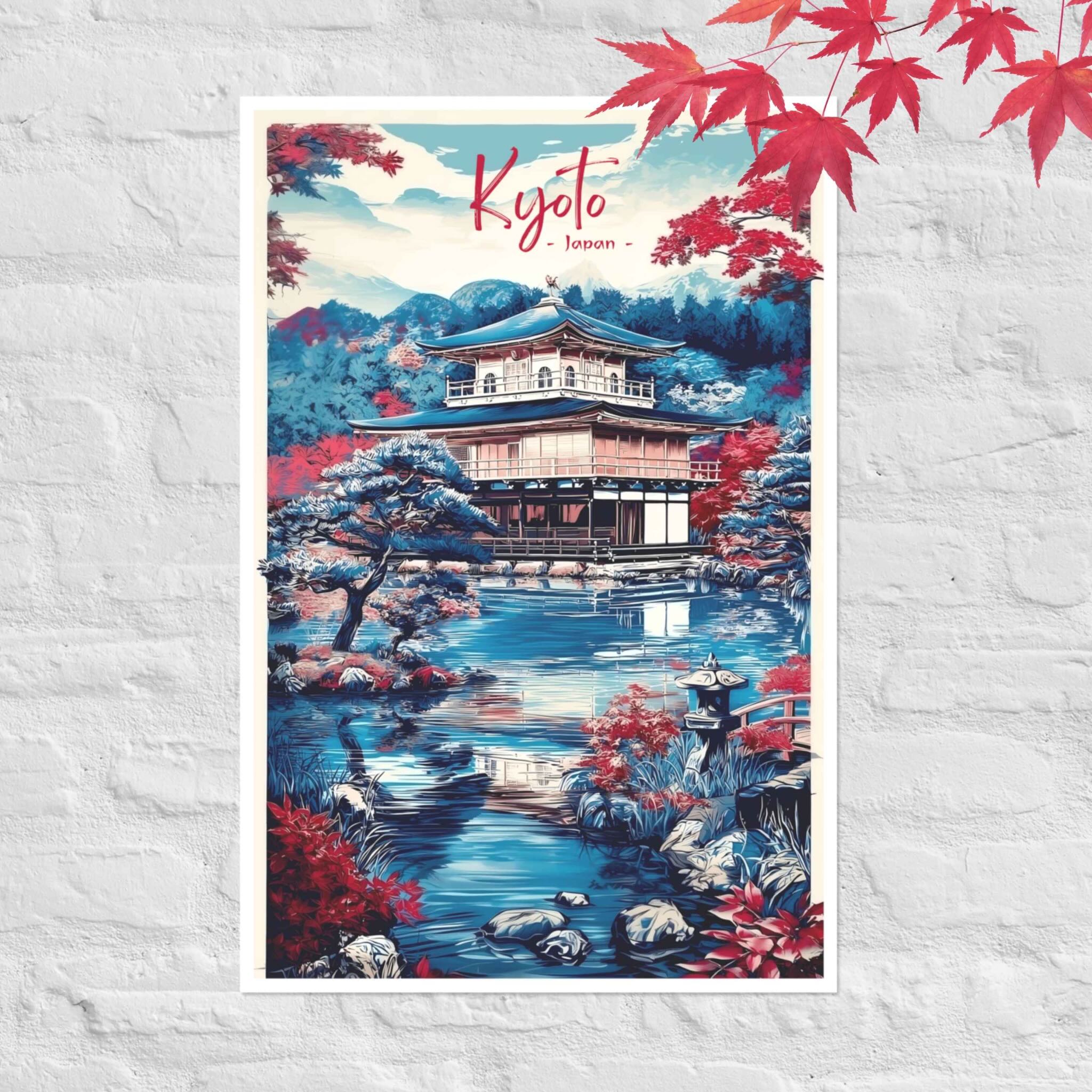Kinkaku-ji Golden Pavilion Kyoto poster with sapphire blue roofs
