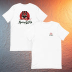 Front and back flat lay red sun tiger spicy lotus merch in front of a wall with blue and yellow light