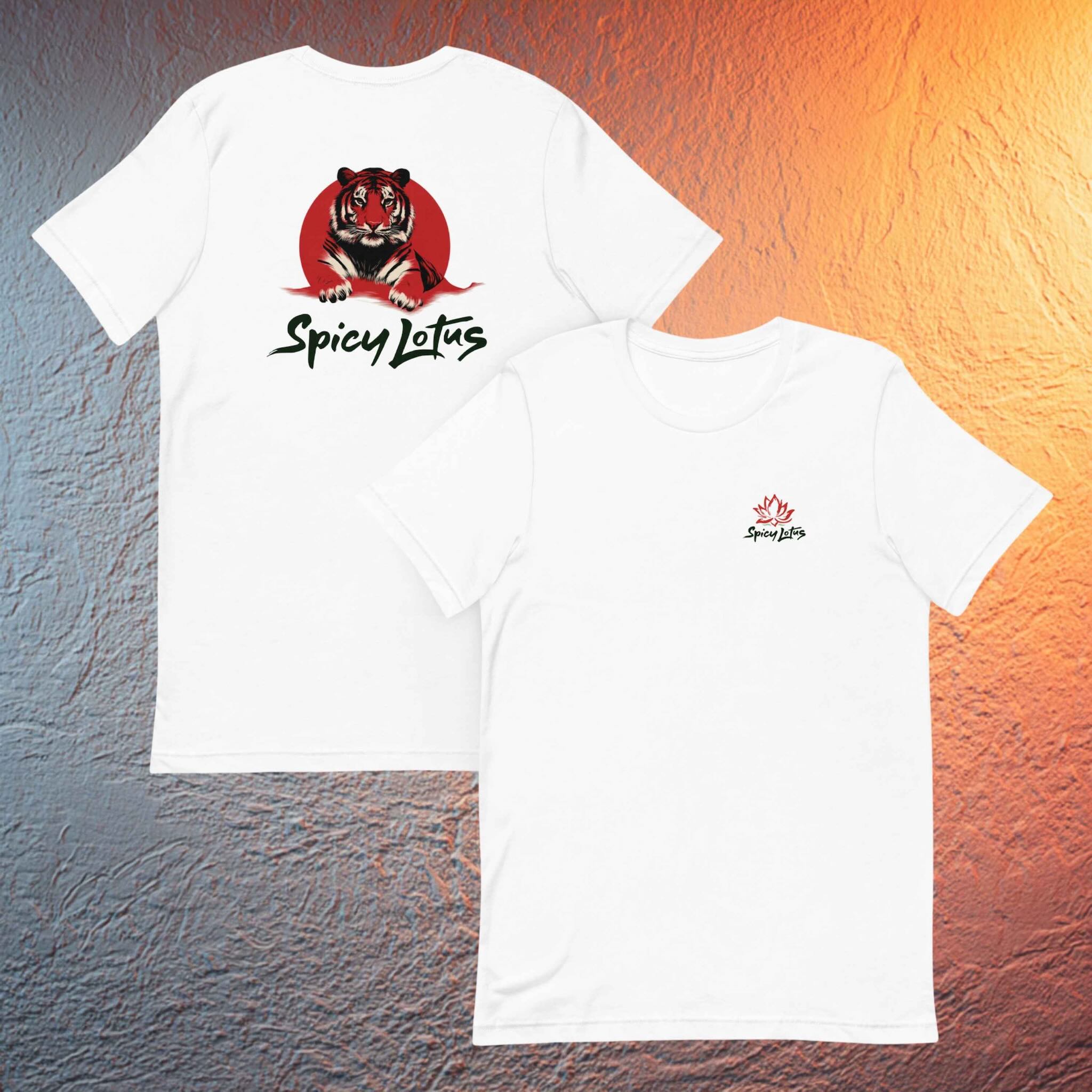 Front and back flat lay red sun tiger spicy lotus merch in front of a wall with blue and yellow light