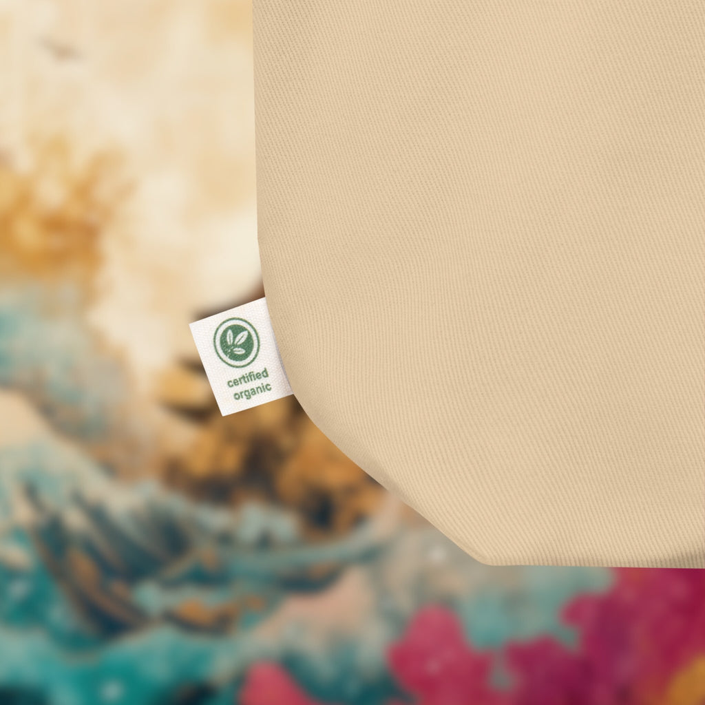 Beige fabric with a 'certified organic' label against a blurred floral background