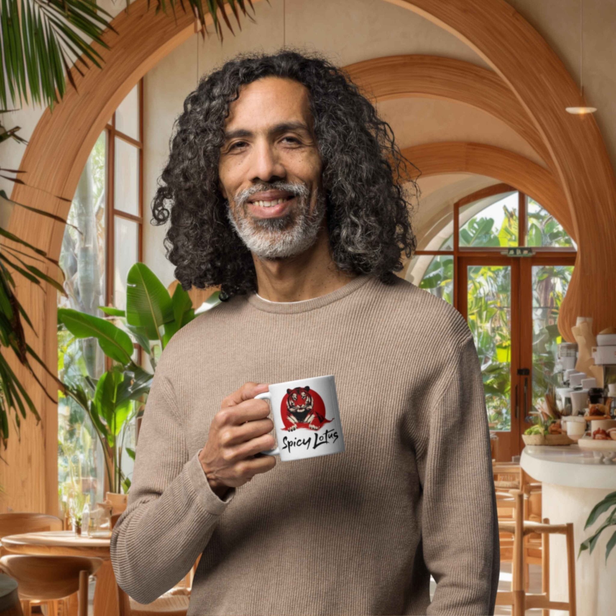 Man holding a mug with a 'Spicy Lotus' logo and a red tiger design in a cozy indoor setting