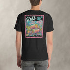 Person wearing a black t-shirt with a colorful graphicof summer rolls and text on the back against a plain background