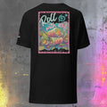 Black t-shirt with a colorful graphic of summer rolls and text 'Roll with us!' on a textured gray background.
