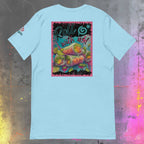 Light blue t-shirt with colorful vietnamese summer rolls graphic design on a textured surface