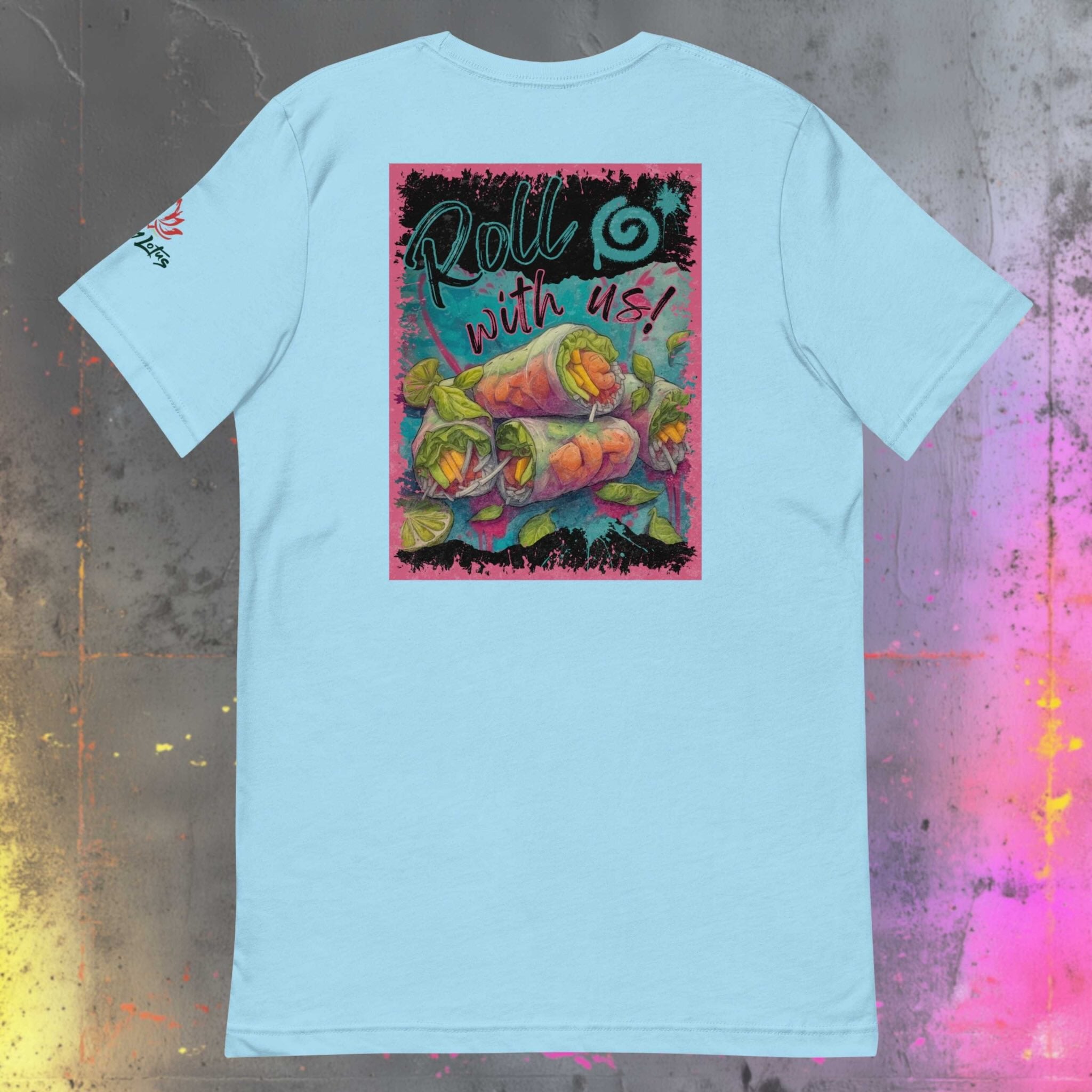 Light blue t-shirt with colorful vietnamese summer rolls graphic design on a textured surface