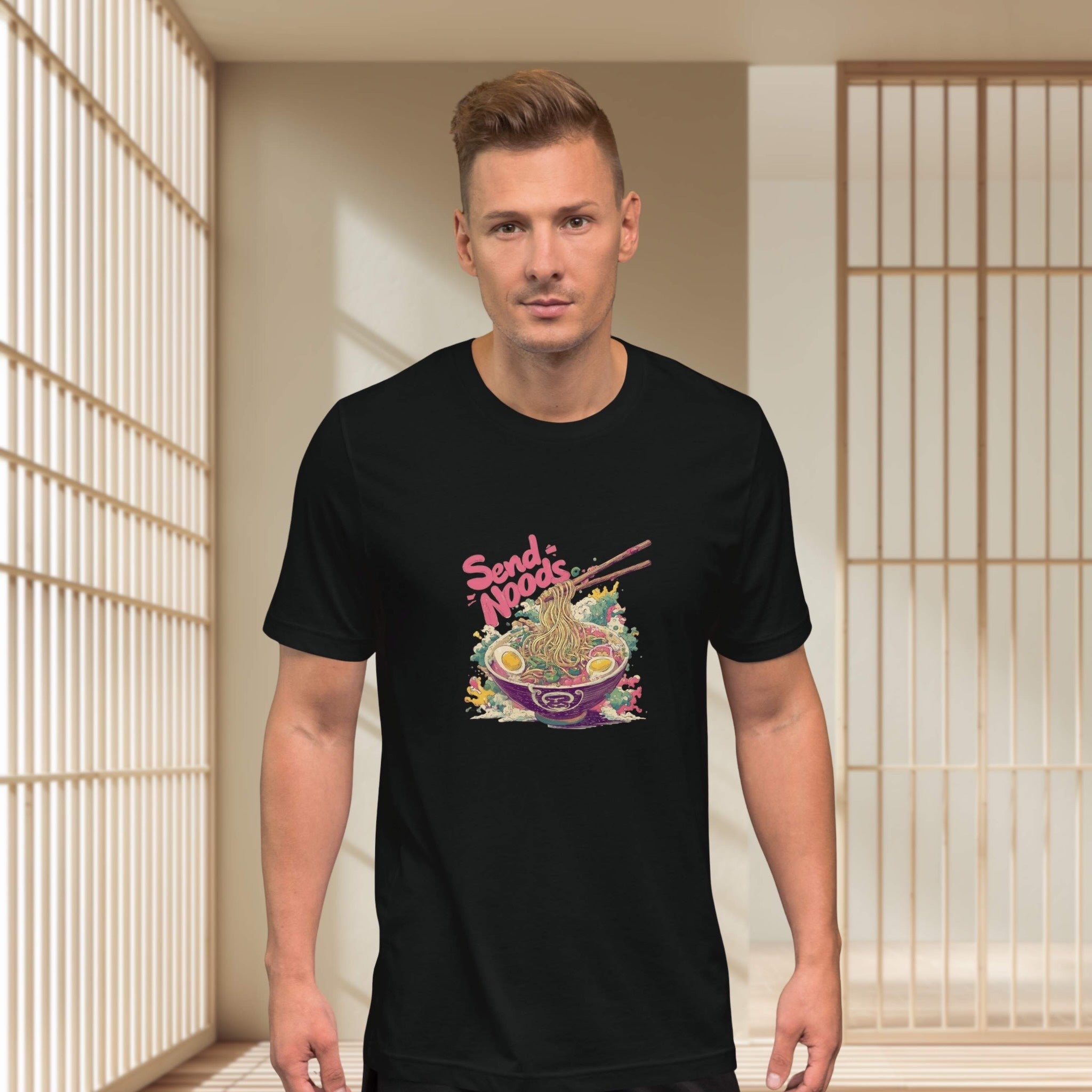 Model wearing Send Noods t-shirt front view, black