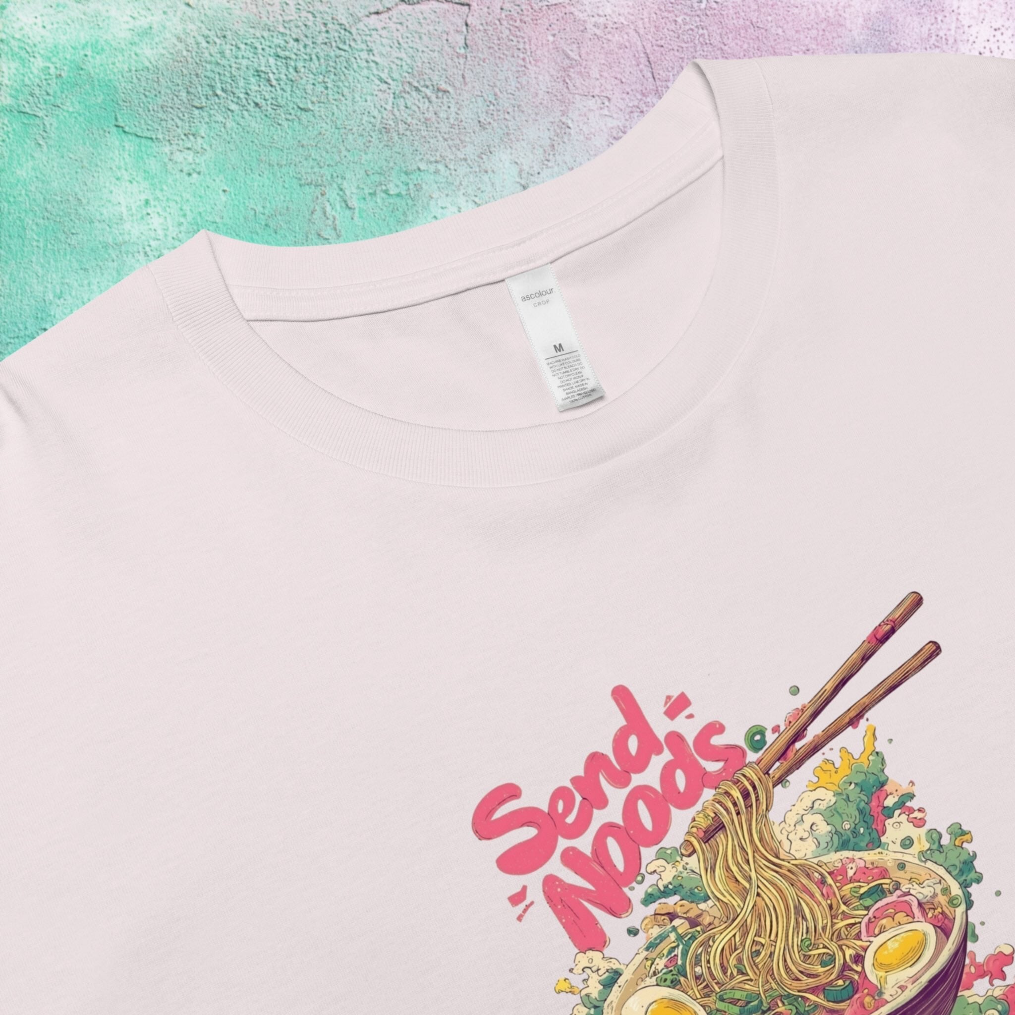 Close-up of pastel ramen illustration DTG print on cotton crop top