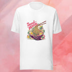 White t-shirt with a colorful graphic of noodles and chopsticks on a pink background