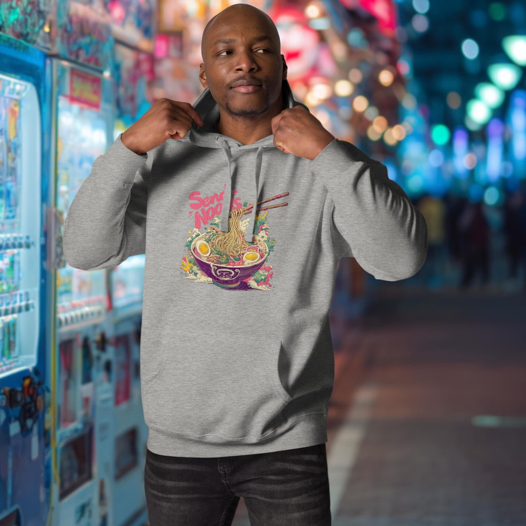 Model wearing Send Noods hoodie on evening city stroll