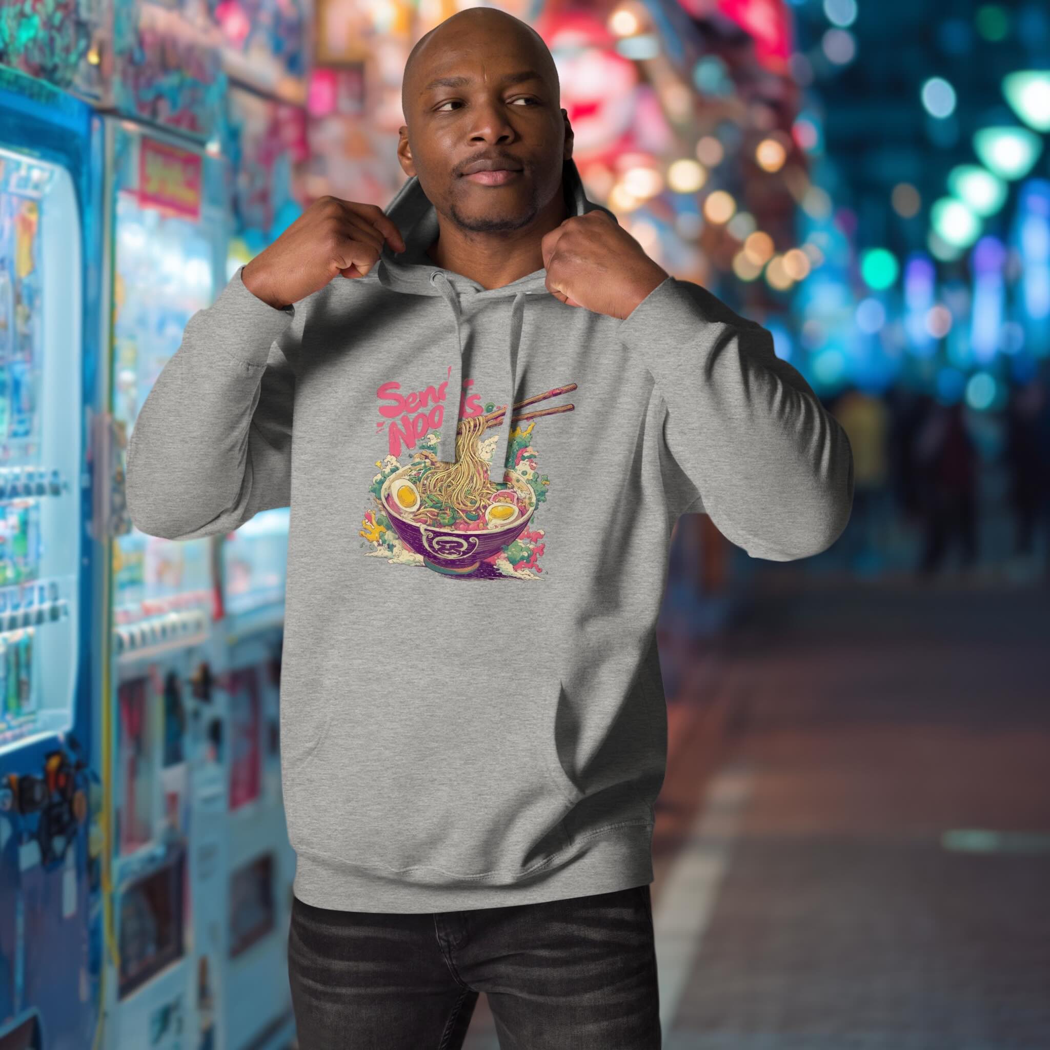 Model wearing Send Noods hoodie on evening city stroll