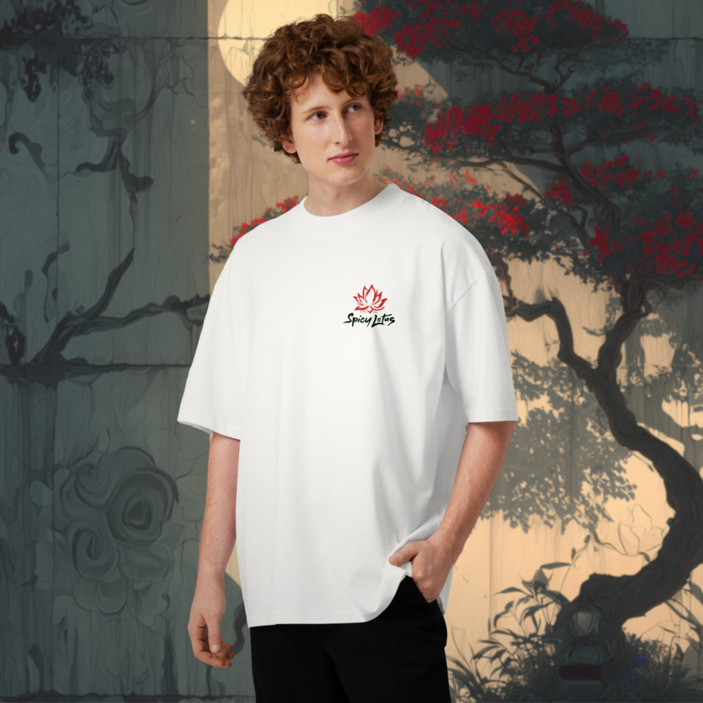 Man wearing a whiteoversized t-shirt with a chest logo in front of an artistic background, japanese style