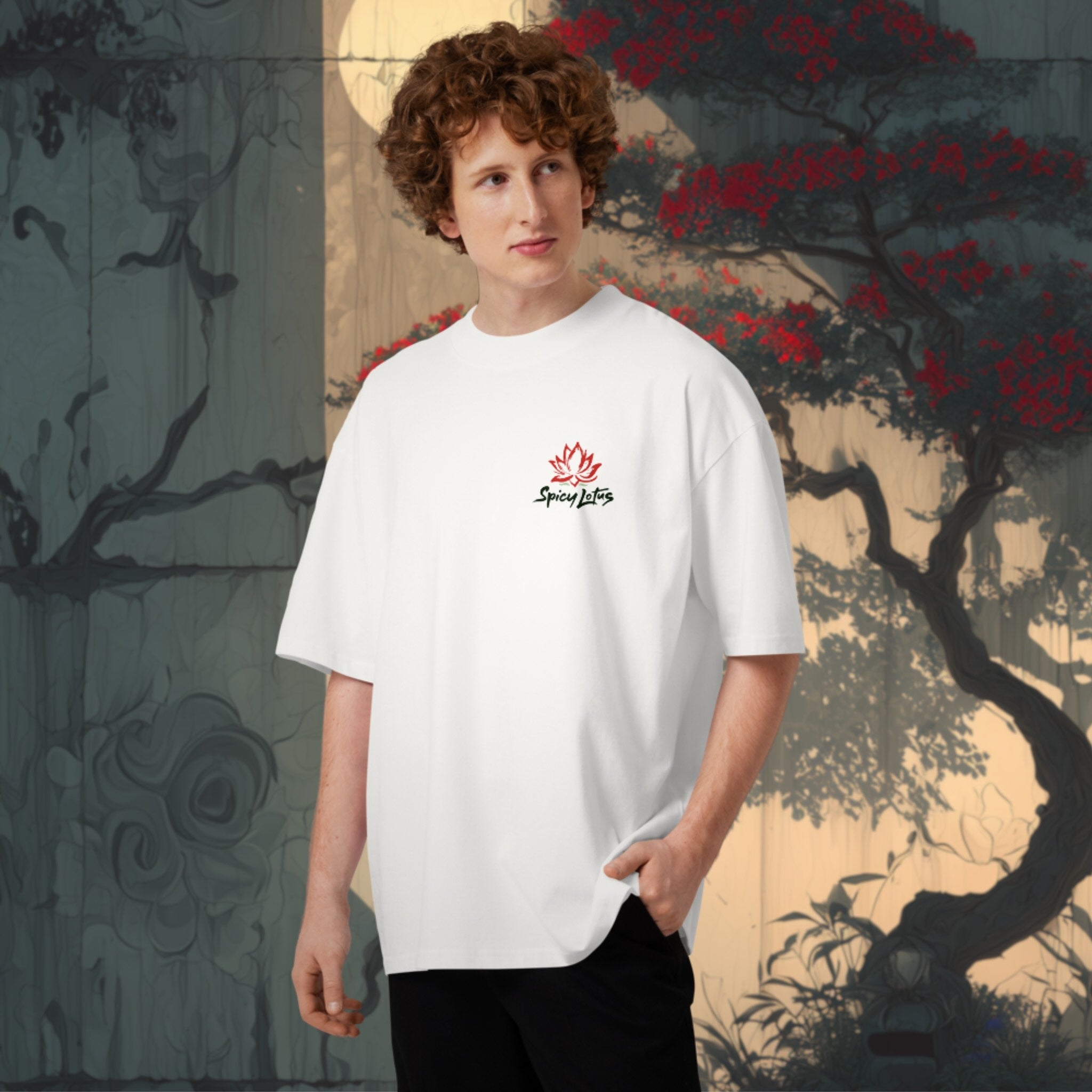 Man wearing a whiteoversized t-shirt with a chest logo in front of an artistic background, japanese style