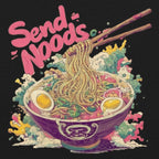 Colorful illustration of a bowl of ramen with chopsticks and 'Send Noods' text on a black background