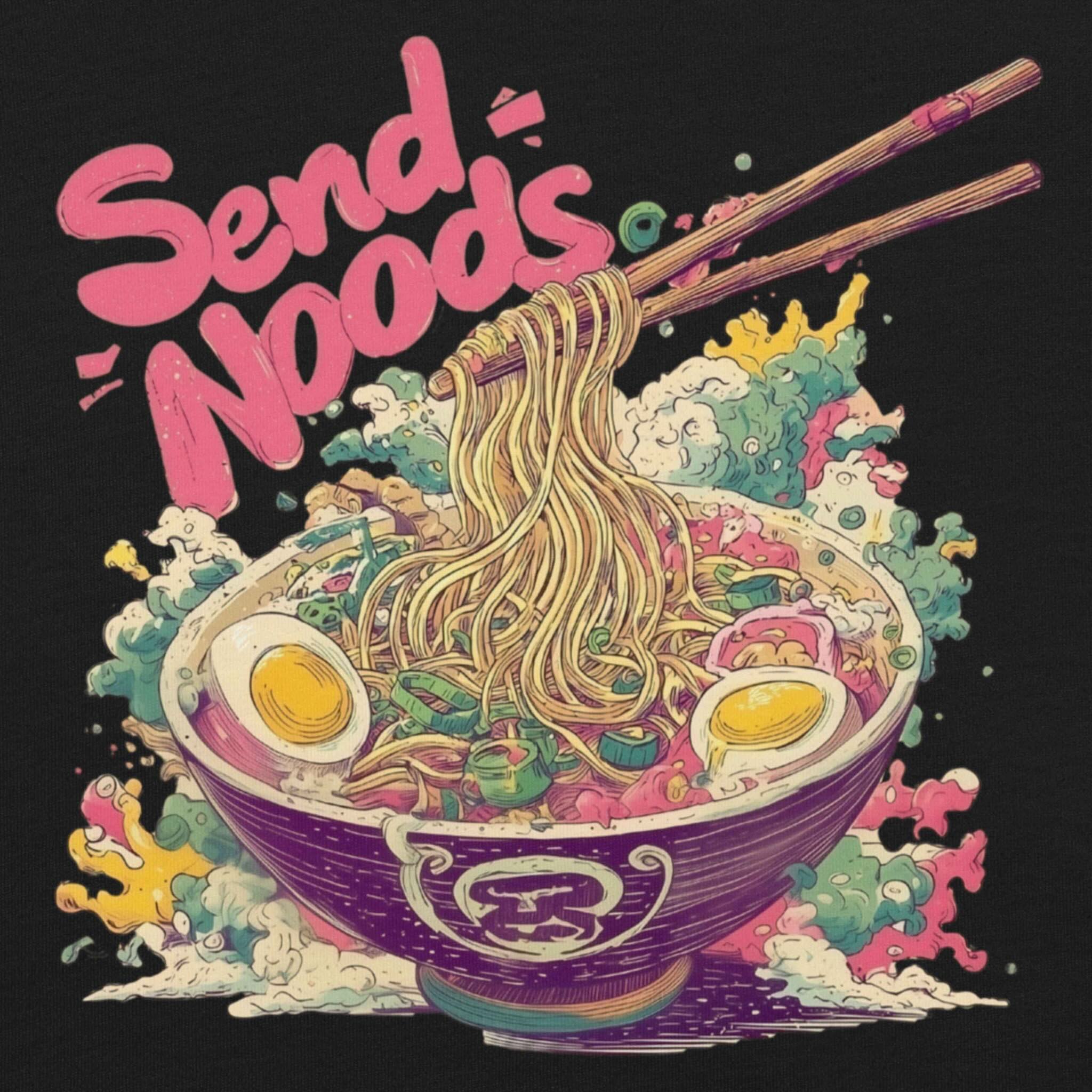 Colorful illustration of a bowl of ramen with chopsticks and 'Send Noods' text on a black background