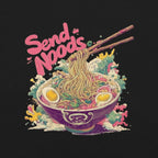 Close-up DTG print detail on Send Noods ramen graphic tee