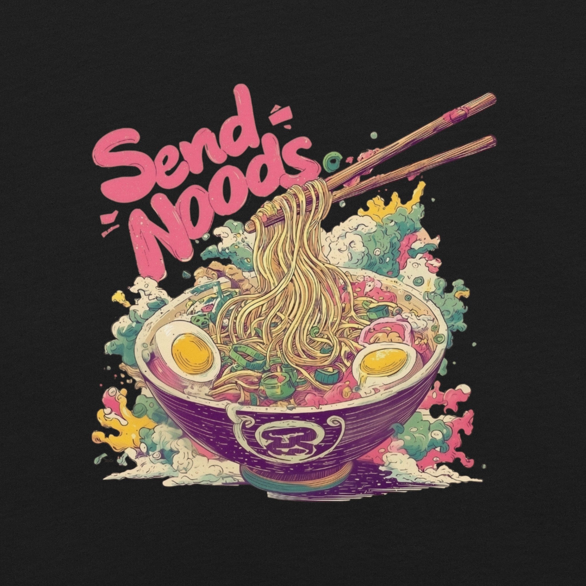 Close-up DTG print detail on Send Noods ramen graphic tee