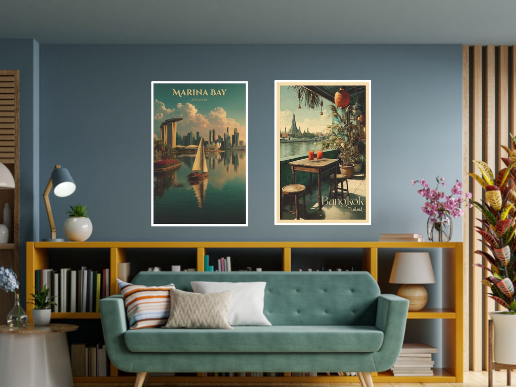 Two posters showing Singapore and Bangkok scenery in living room