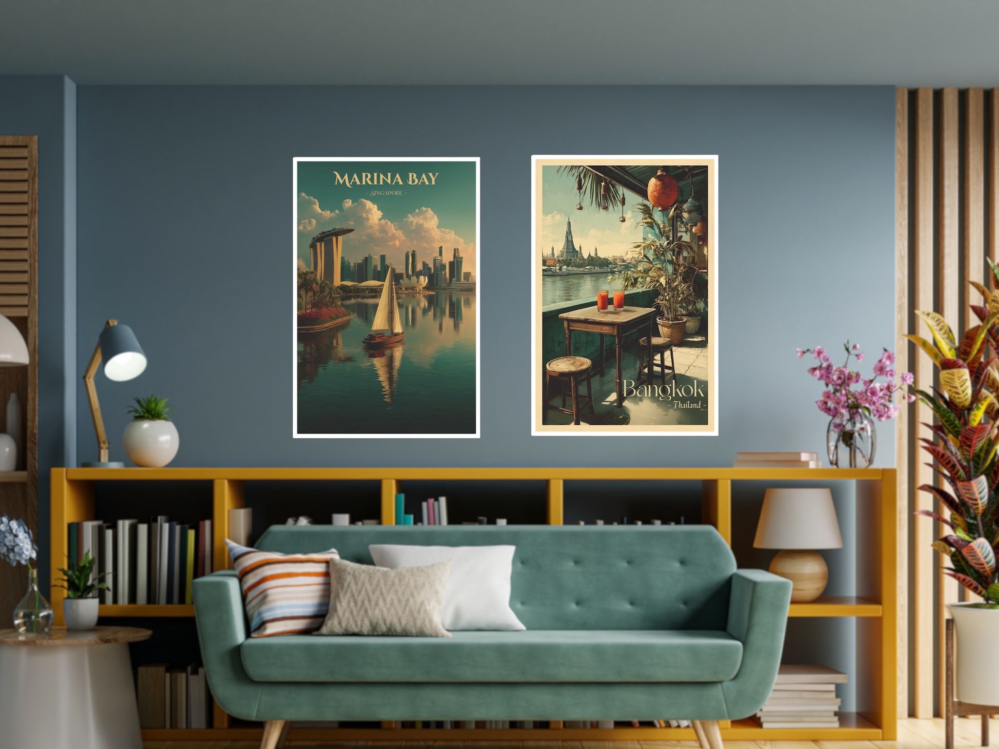 Two posters showing Singapore and Bangkok scenery in living room