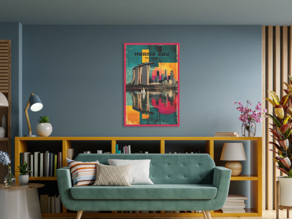 Contemporary Singapore skyline illustration with artistic textures on living room wall