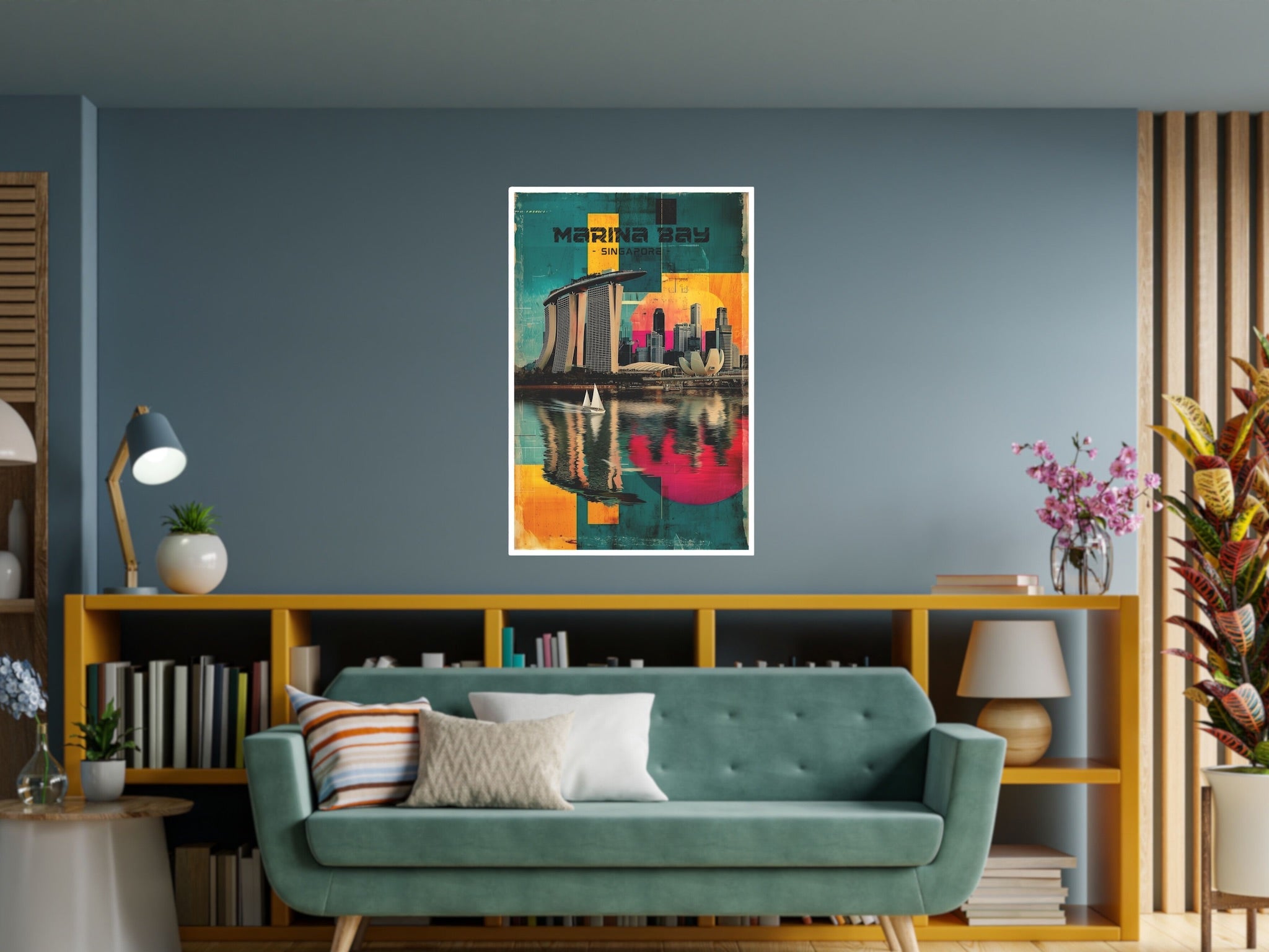 Contemporary Marina Bay skyline illustration with soft silhouettes showcased in living room