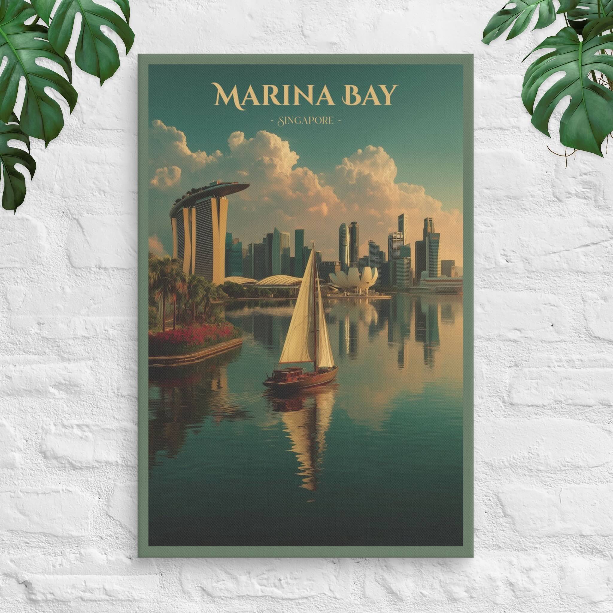 Minimal Marina Bay skyline canvas with serene muted colors