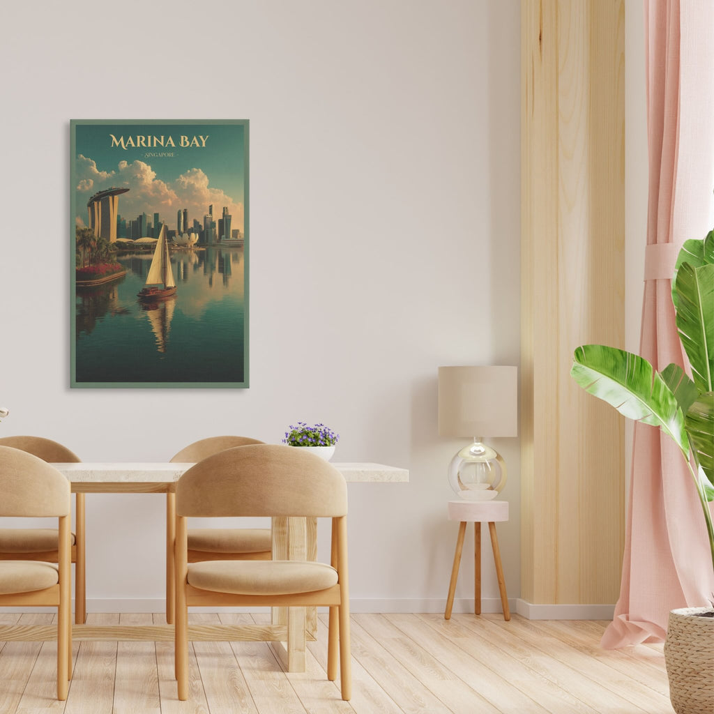 Vertical Marina Bay canvas with soft color palette in living room