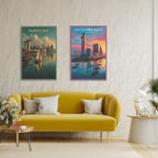 Two travel canvas from Singapore and Vietnam on living room wall