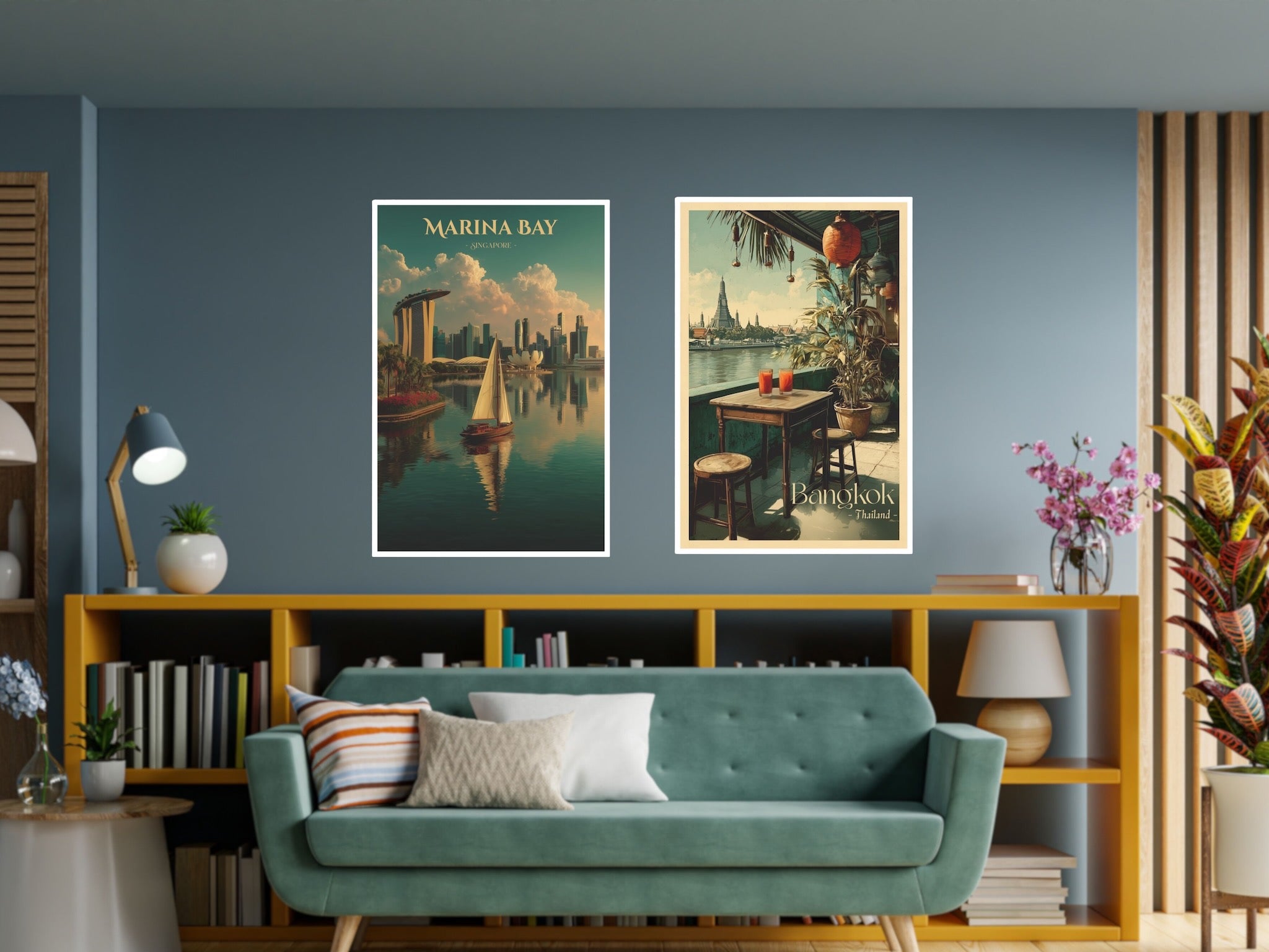 Two travel posters showcased in living room