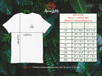 White t-shirt with Spicy Lotus logo on a green leafy background, featuring a size guide for Bella+Canvas 3001 tee